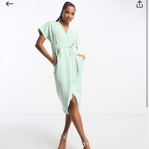 Closet London Petite kimono wrap midi dress in sage green